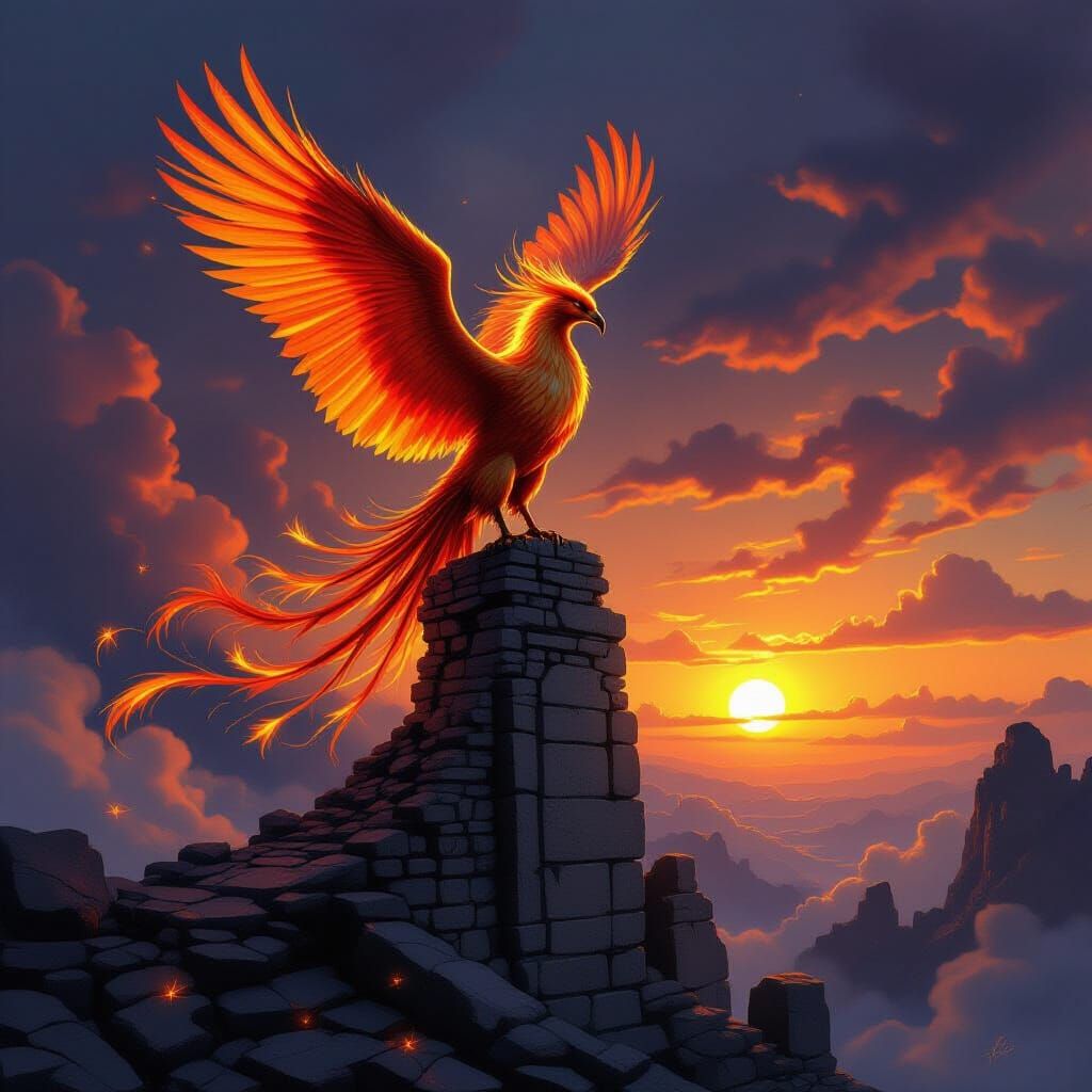 Majestic Phoenix on Ancient Ruin at Golden Hour