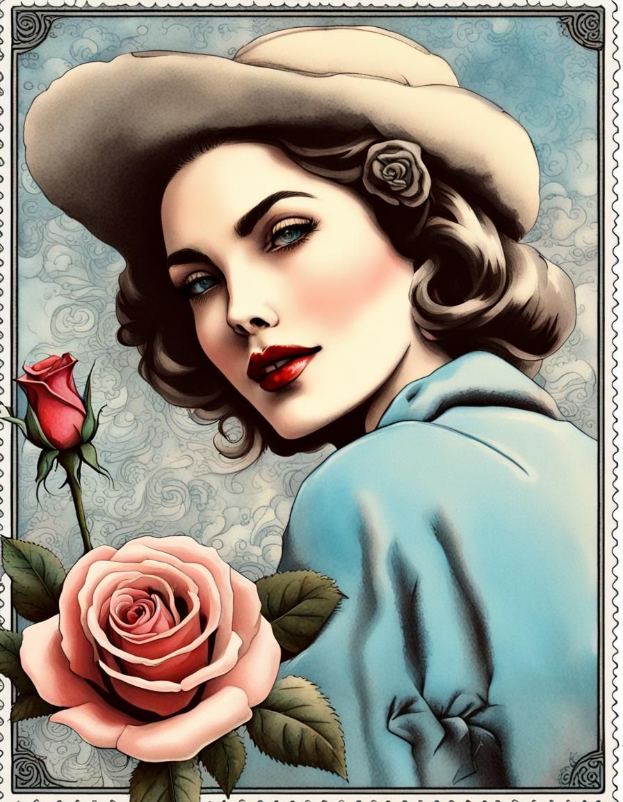 Vintage Postcard of Woman with Rose
