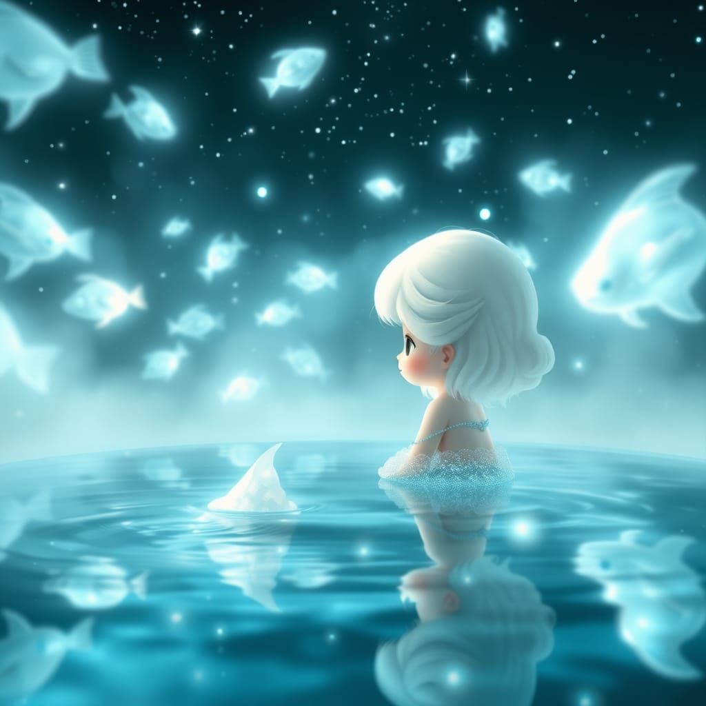 Luminescent Mermaid in Starry Pool, Digital Art