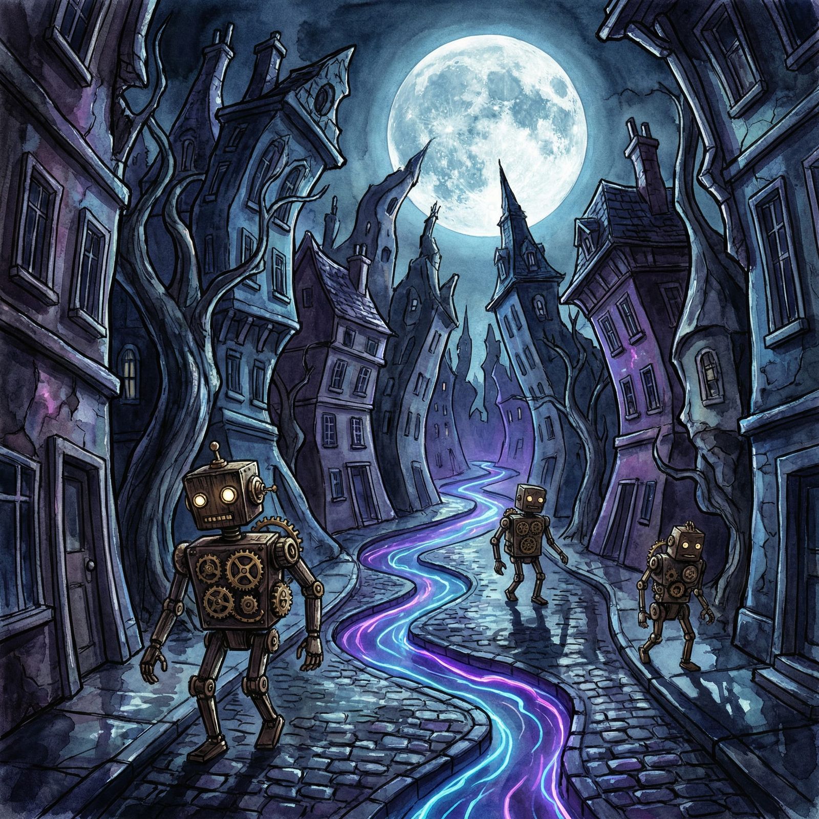 Surreal Midnight Cityscape with Twisting Buildings and Neon ...