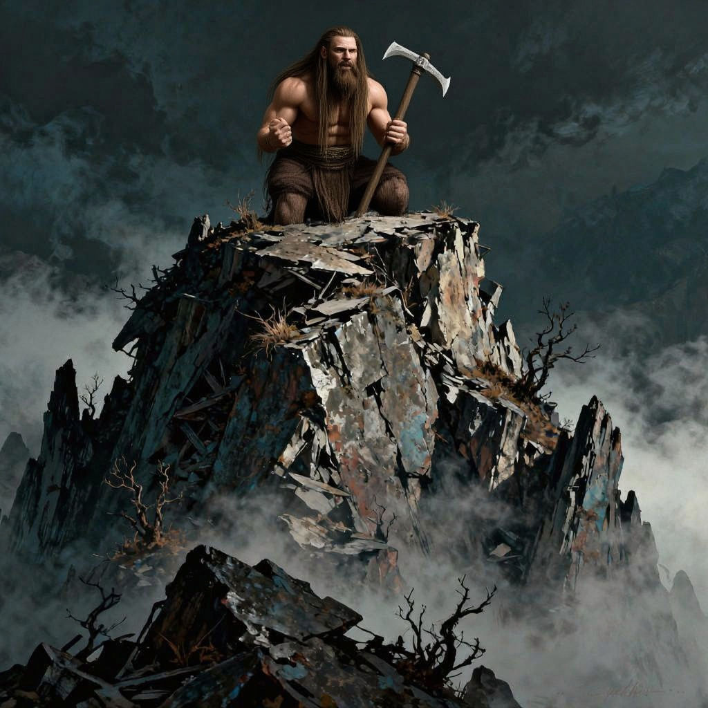 Monk Meditating on Crumbling Mountain Peak in Mist