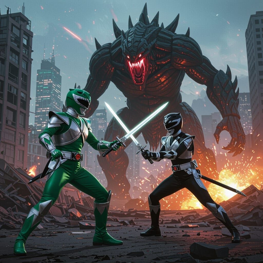 Power Ranger Battles Monster in Futuristic Cityscape