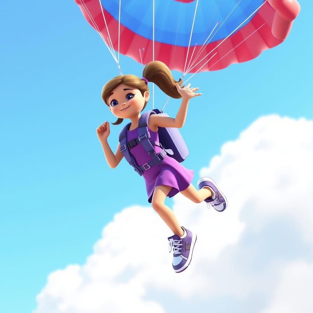 Girl Skydiving with Parachute in Vibrant 3D Style