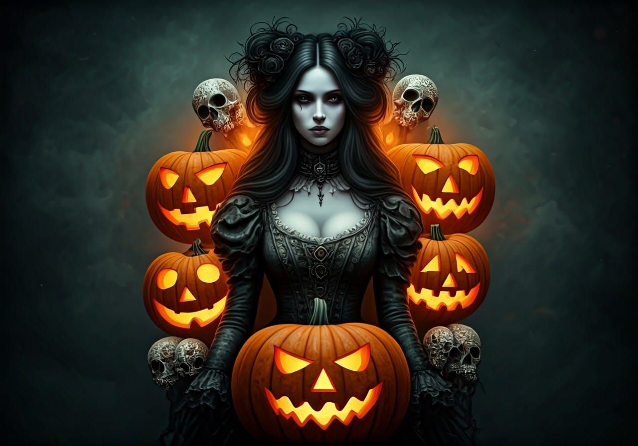 Victorian Woman with Jack-o'-Lanterns in Gothic Style