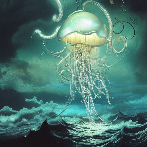 Cosmic Jellyfish in Ethereal Horror Landscape