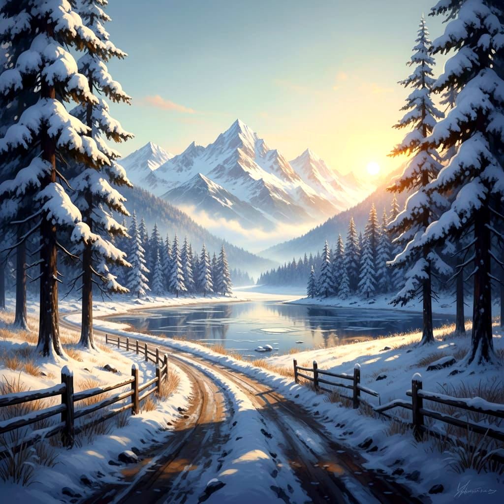 Winter Mountain Forest Road with Sunrise Mist