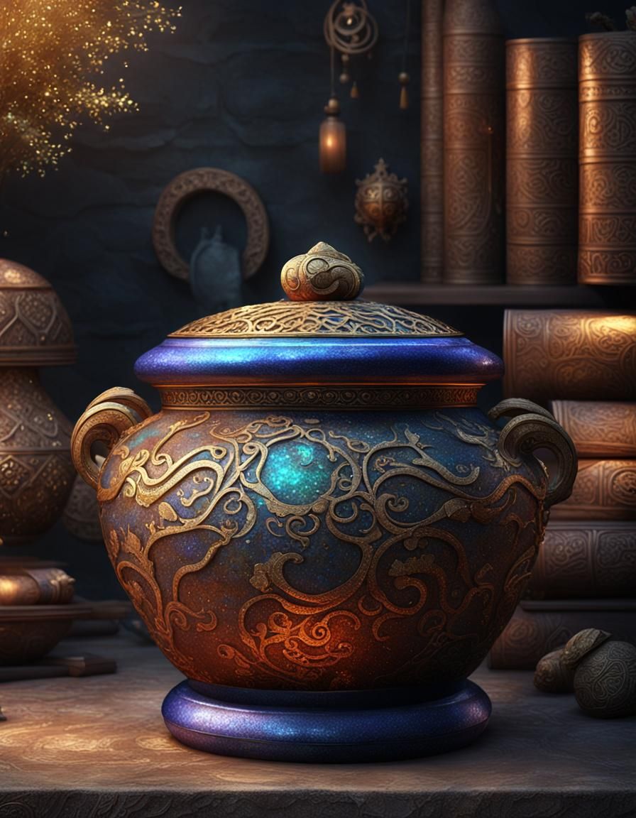 Ornate Clay Pot with Esoteric Symbols in Fantasy Art