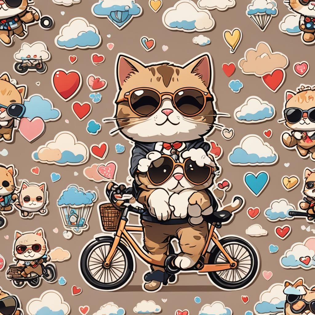 Kawaii Cat on Bicycle in Cartoon Style
