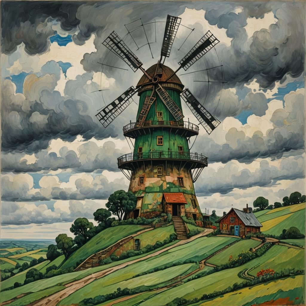 Old Windmill on Hill in Hundertwasser Style