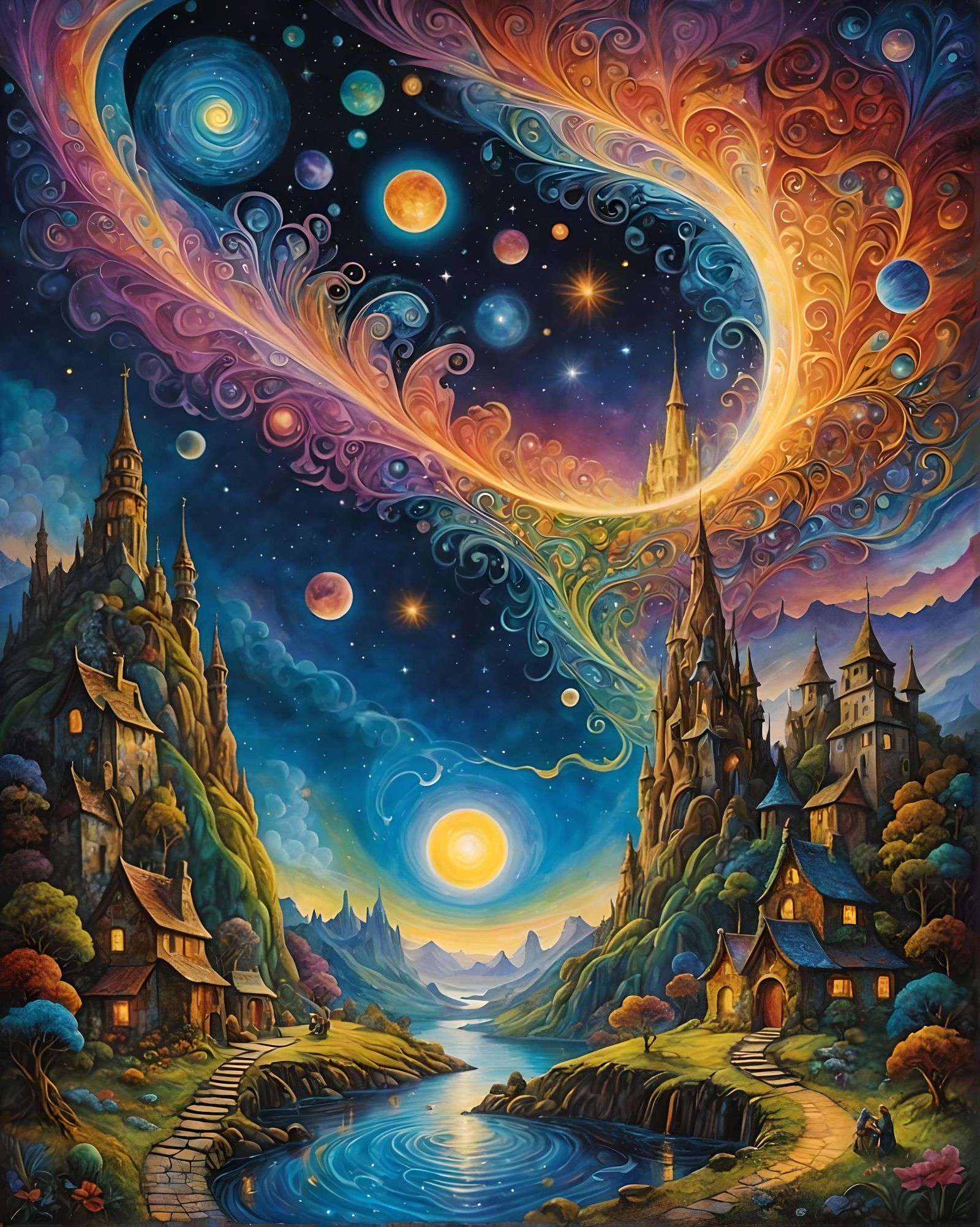 Cozy Sci-Fi Alien Village Under Magenta Moonlight