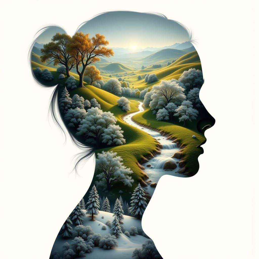 Surreal Double Exposure Head Silhouette: Summer Meets Winter