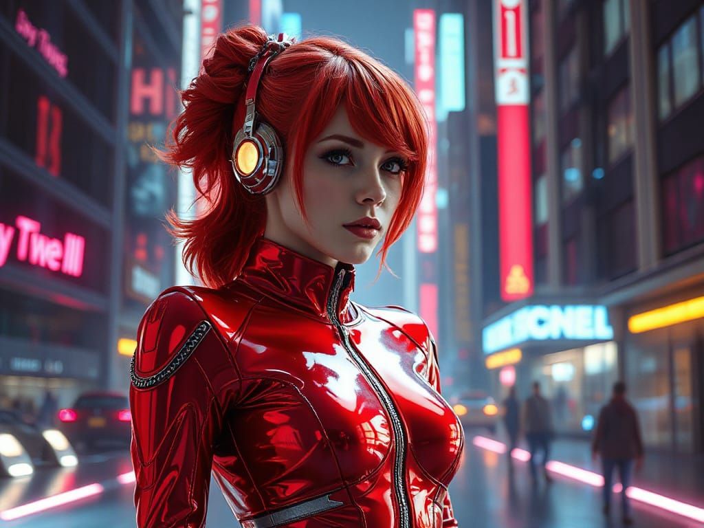 Red-Haired Lady in Sci-Fi City in Cyberpunk Style