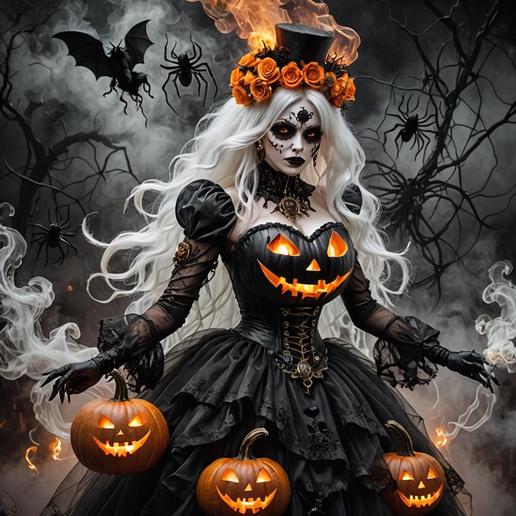 Steampunk Ghost with Halloween Pumpkin in Gothic Style