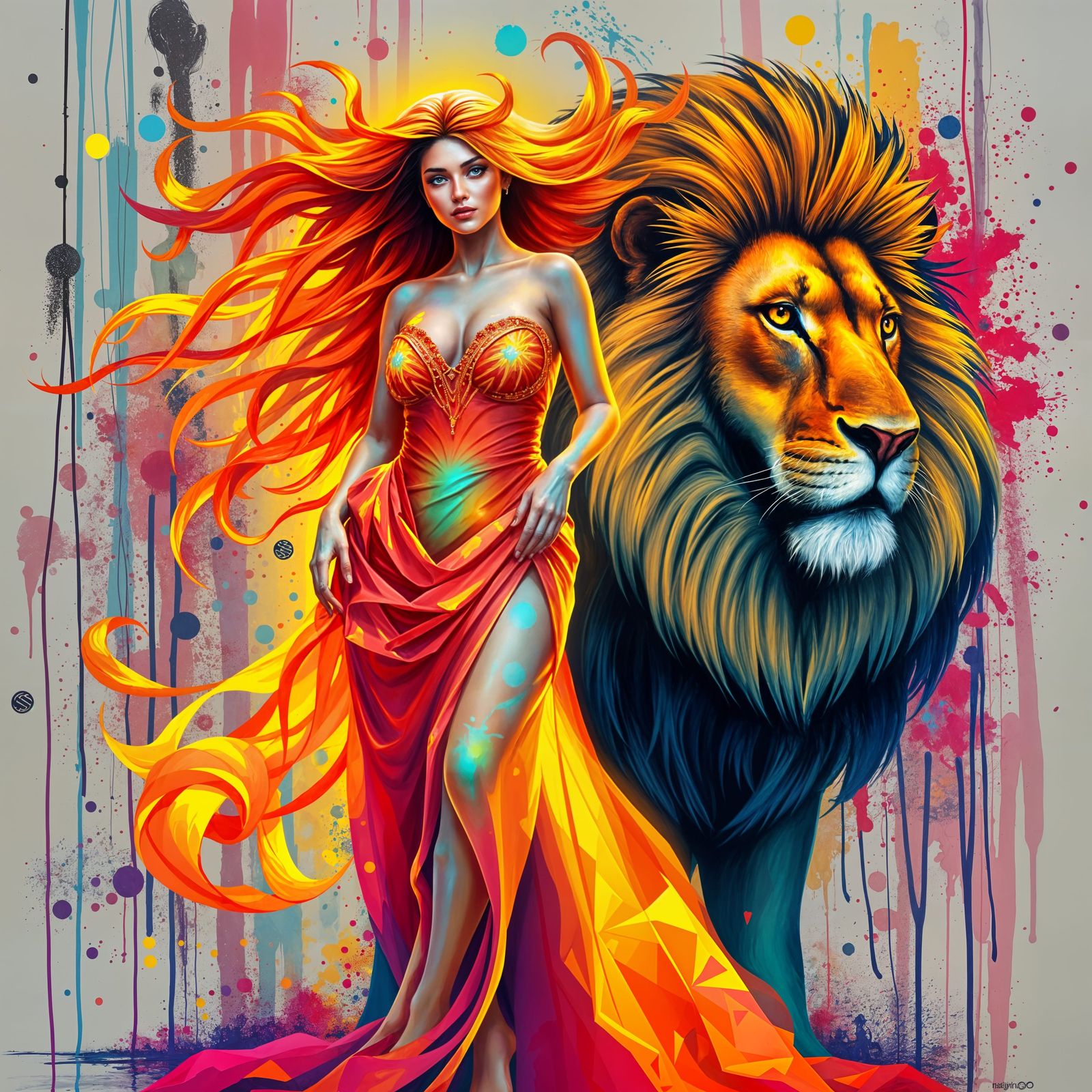Glowing Goddess and Regal Lion in Vibrant Urban Landscape