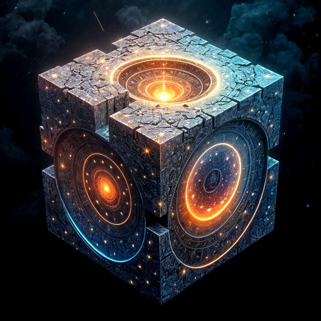Surreal Cosmic Cube with Nebulas and Galaxies