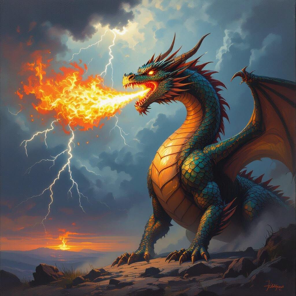 Majestic Dragon Breathing Fire in Stormy Sky Oil Painting