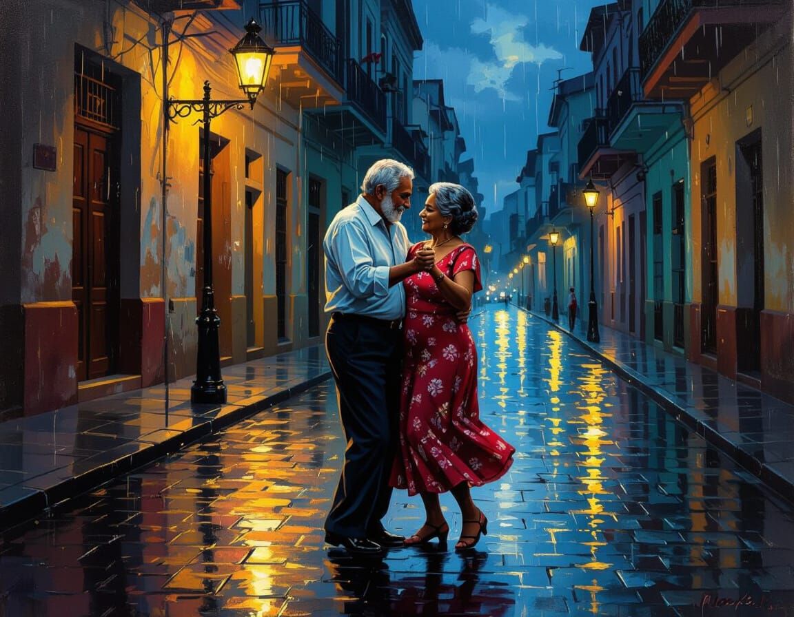 Cuban Couple Dancing in Havana Street at Dusk