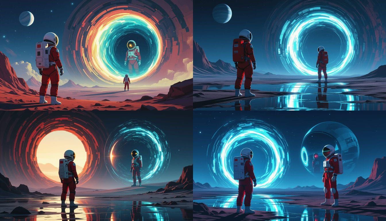 Astronaut Gazing at Wormhole on Alien Planet