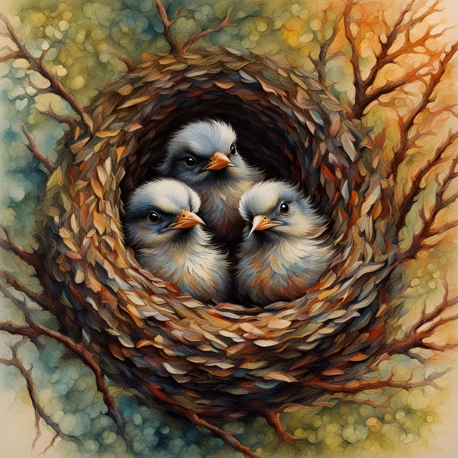 Hyperdetailed Portrait of Baby Birds in Nest