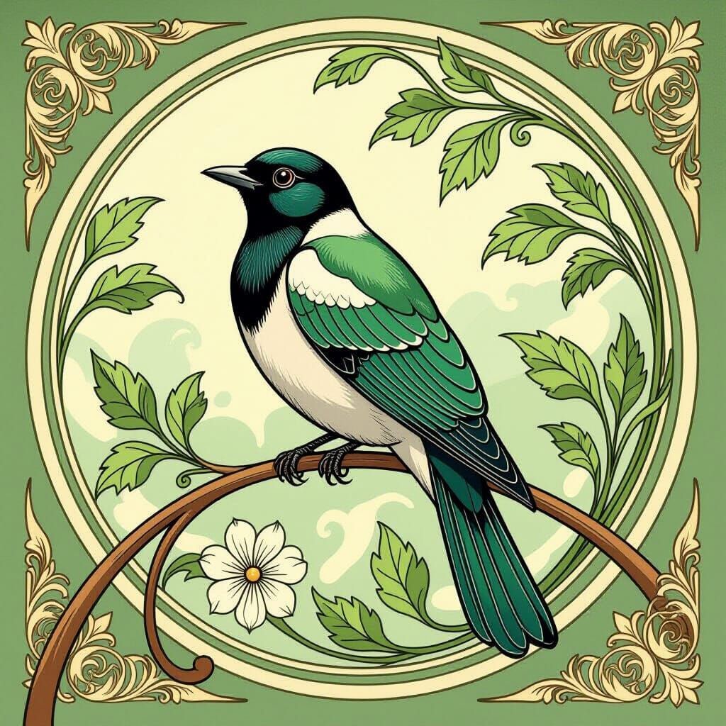 Art Nouveau Bird on Branch with Flowing Feathers