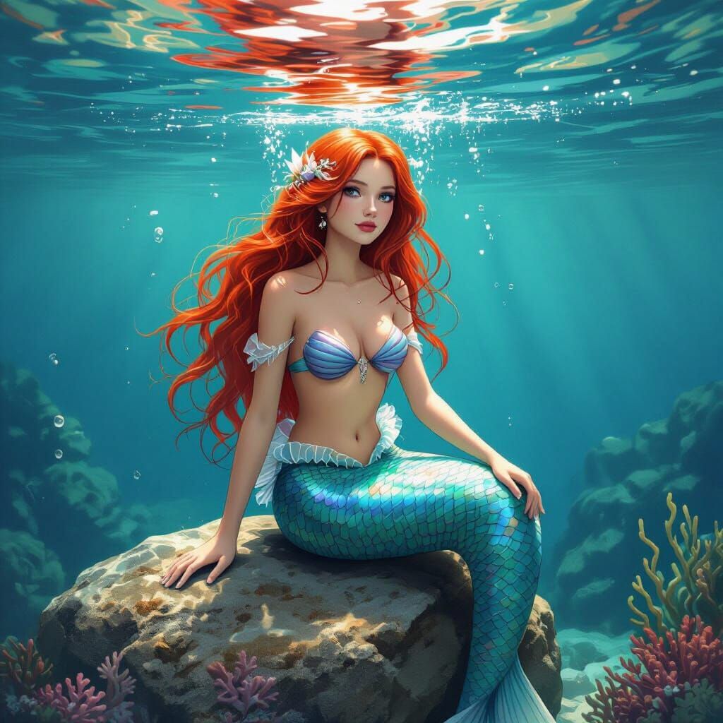 Cartoon Mermaid Princess with Red Hair