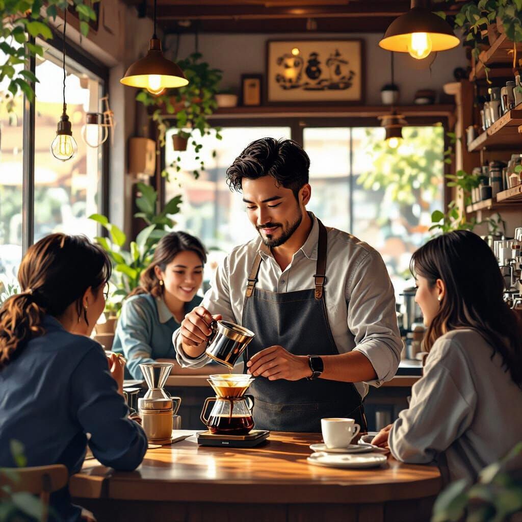 Cozy Jakarta Coffee Shop Illustration in Digital Art Style