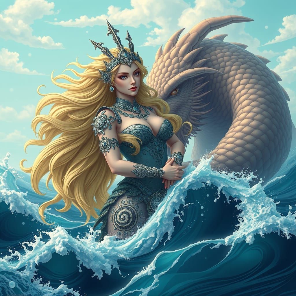 Majestic Sea Goddess in Turbulent Ocean, Hyperrealistic Art
