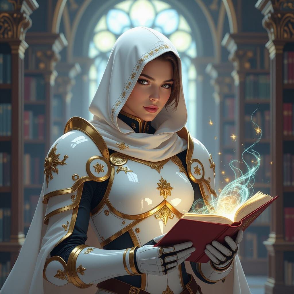 Elegant Knight in Futuristic Library, Art Nouveau Style