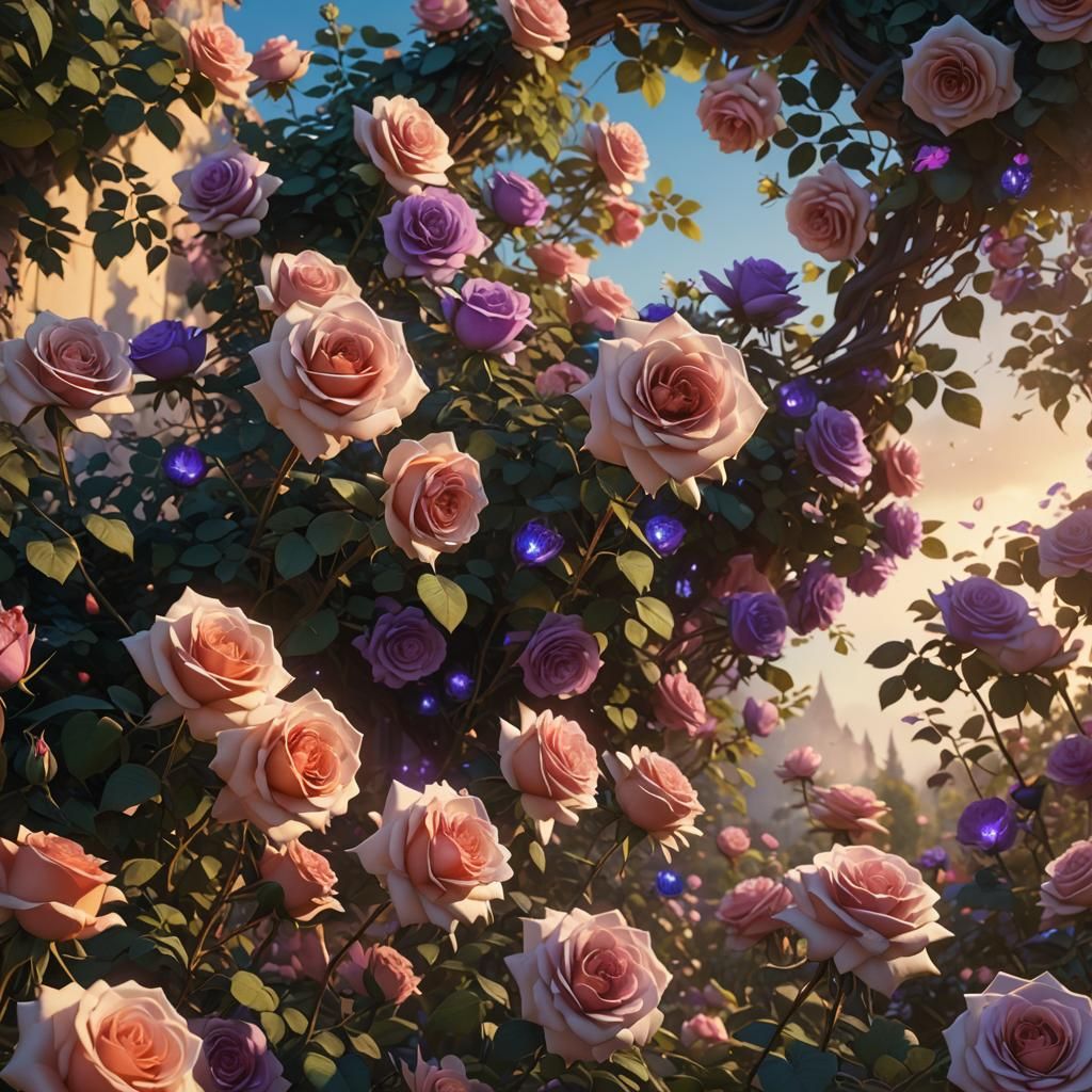 Vibrant Garden with Flourishing Roses, Digital Painting