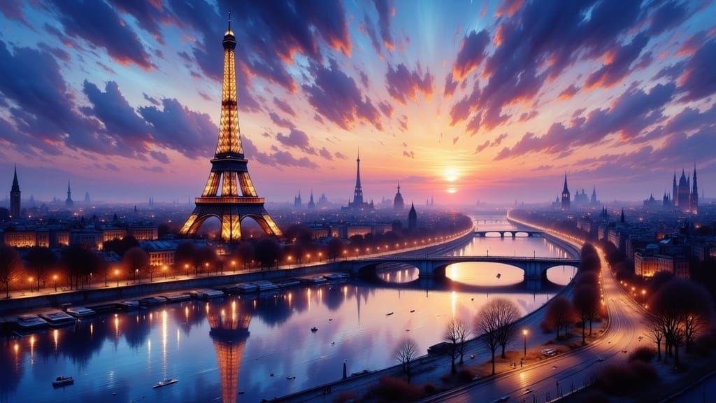 Parisian Twilight Oil Painting: Eiffel Tower Glow