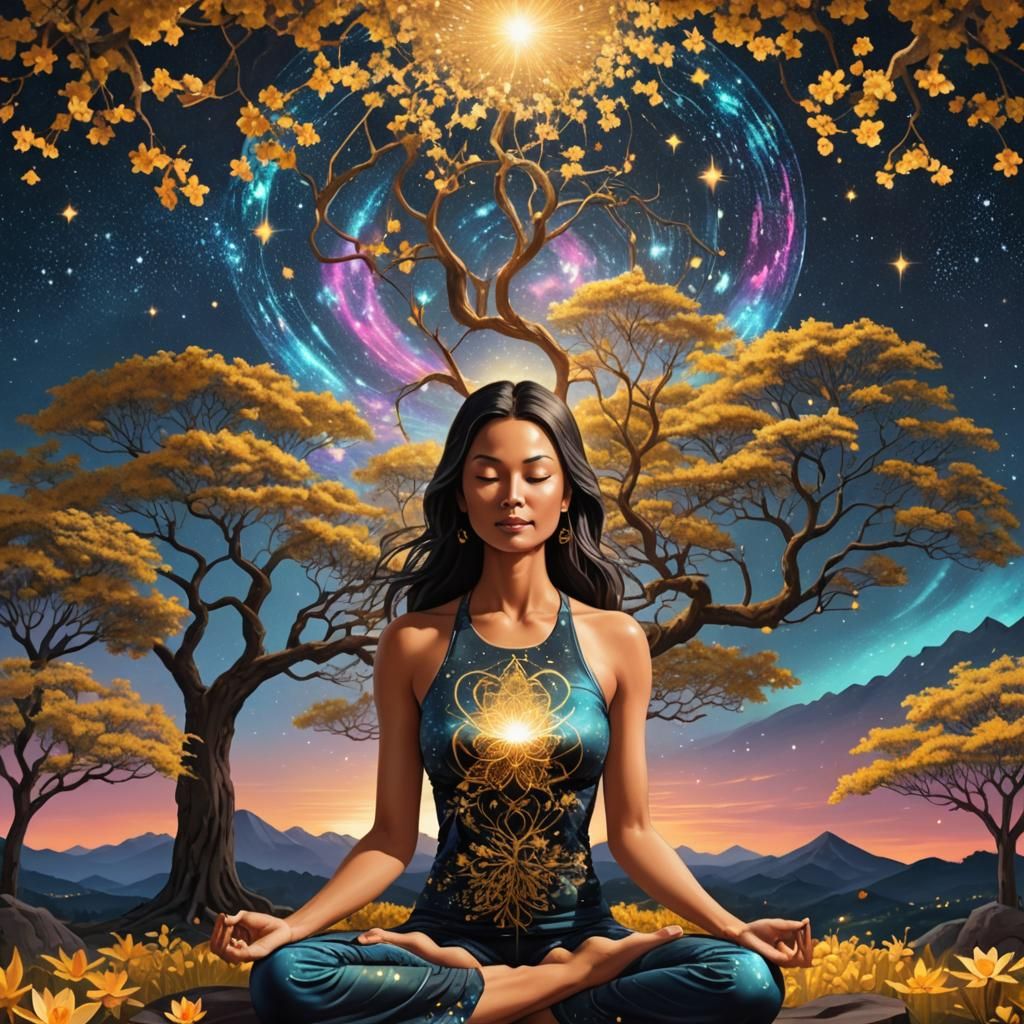 Woman Meditating Under Starry Sky in Astral Illustration