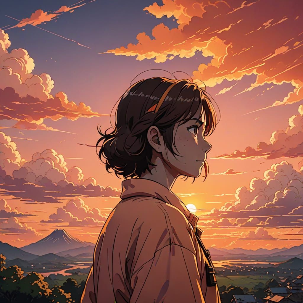 Anime Character Watching Sunrise in Studio Trigger Style