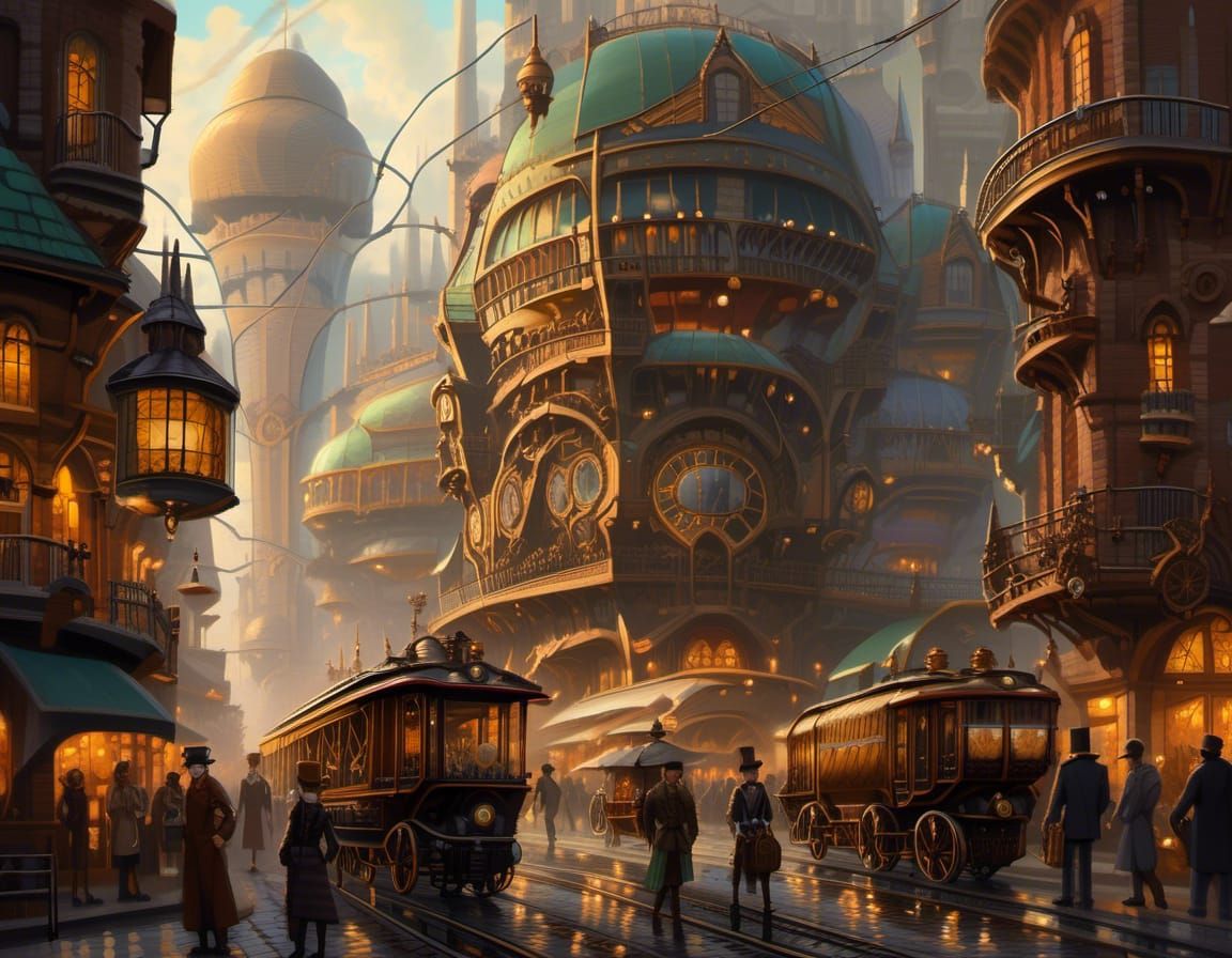Steampunk Cityscape with Clockwork Skyscrapers and Airships