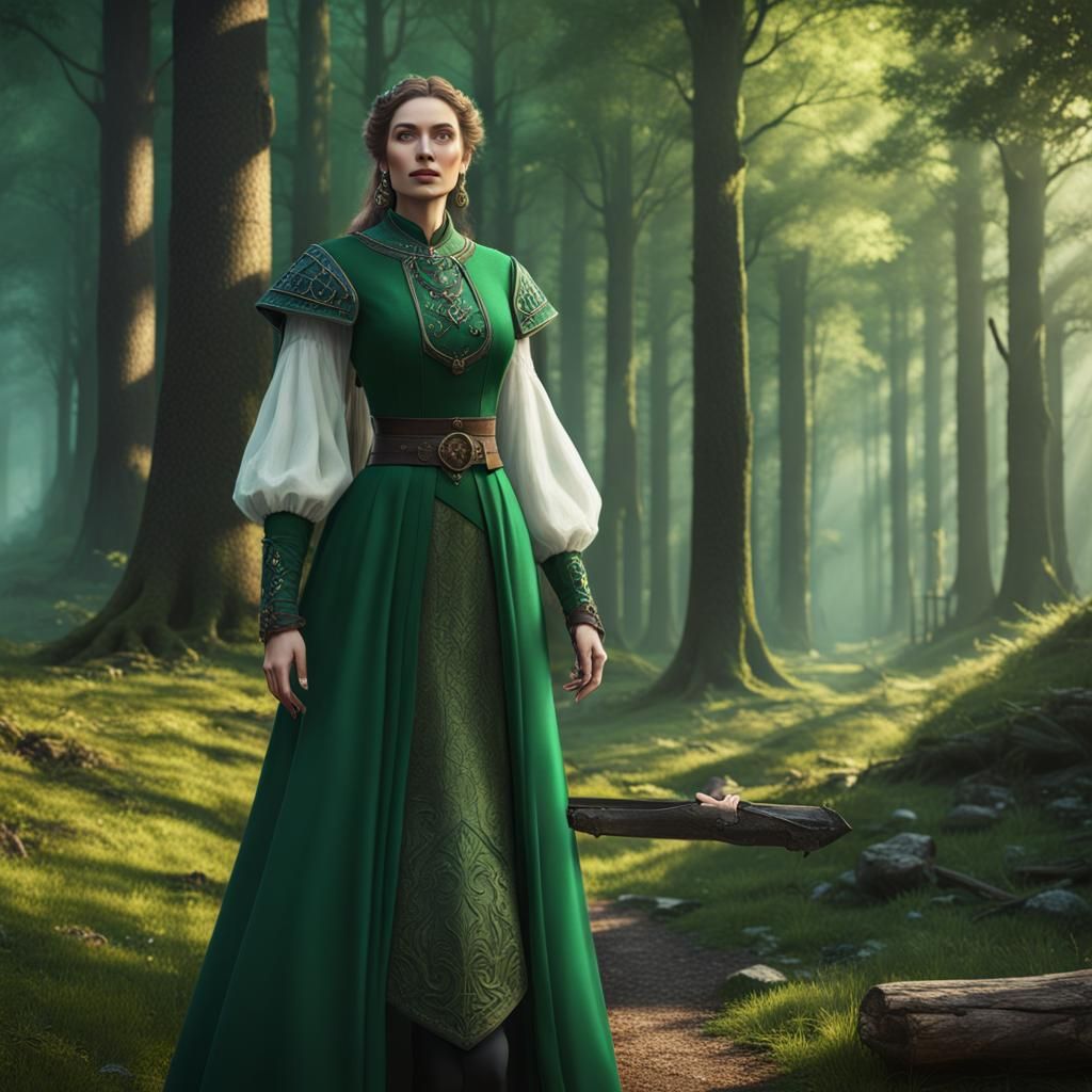 Medieval Lady Traveler in Emerald Green Woods