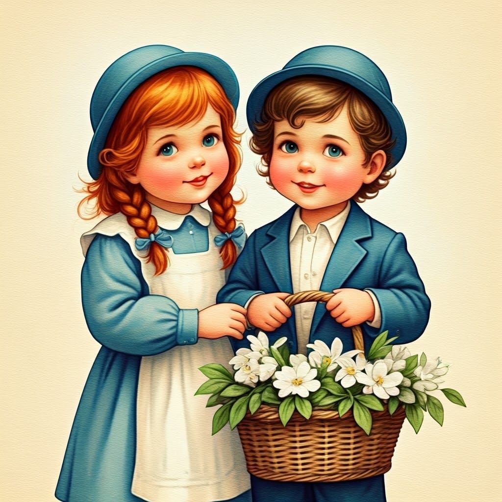 Whimsical Haredi Children in Vintage Illustration Style