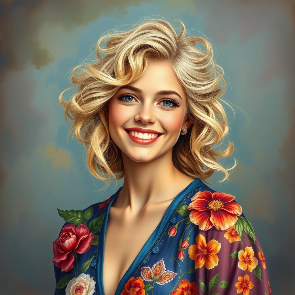 Sunny European Woman Smiles in Rainbow Dress