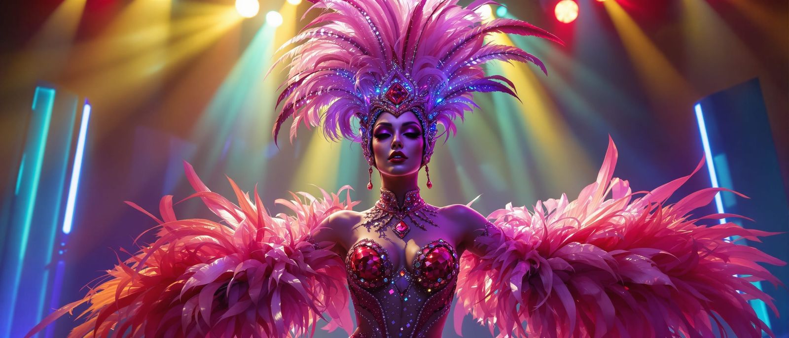 Futuristic Cabaret Dancer in Neon-Lit Setting
