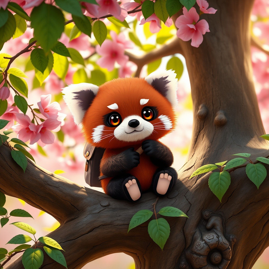 Chibi red panda sitting in a tree By artist "anime", 3d anime art, inspired by WLOP, Artstation, #genshinimpact pixiv, e...