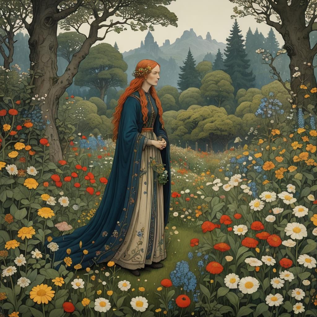 Scandinavian Folklore Lady in Flowering Garden