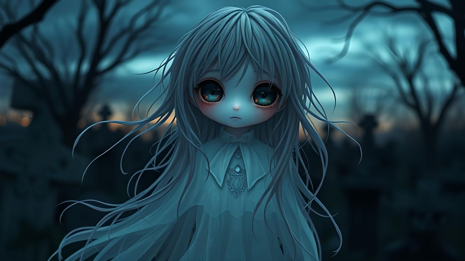Adorable Dystopian Ghost in Gothic Graveyard