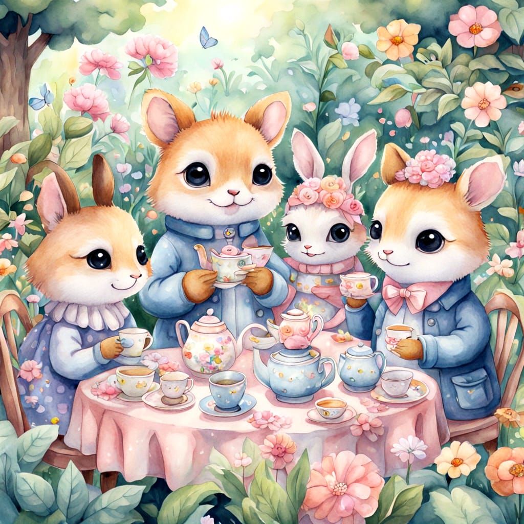 Pastel Cartoon Animals Enjoying Tea Party: Kawaii Art
