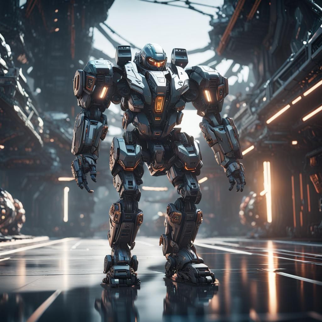 Man Driving Mech Suit in Futuristic Sci-Fi Style