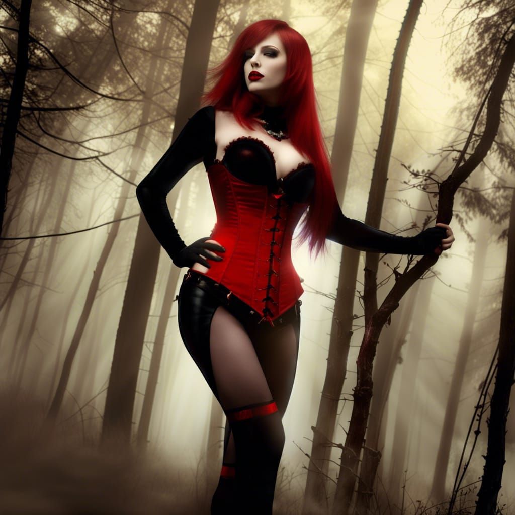 Redhead Vampire in Foggy Forest, Photorealistic HDR