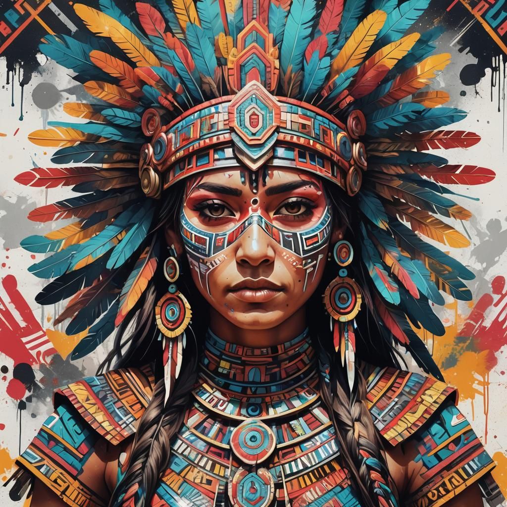 Aztec Woman Double Exposure in Graffiti Art Style