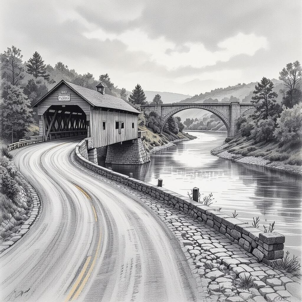 Charcoal Drawing of Covered Bridge by River with Stone Arch ...