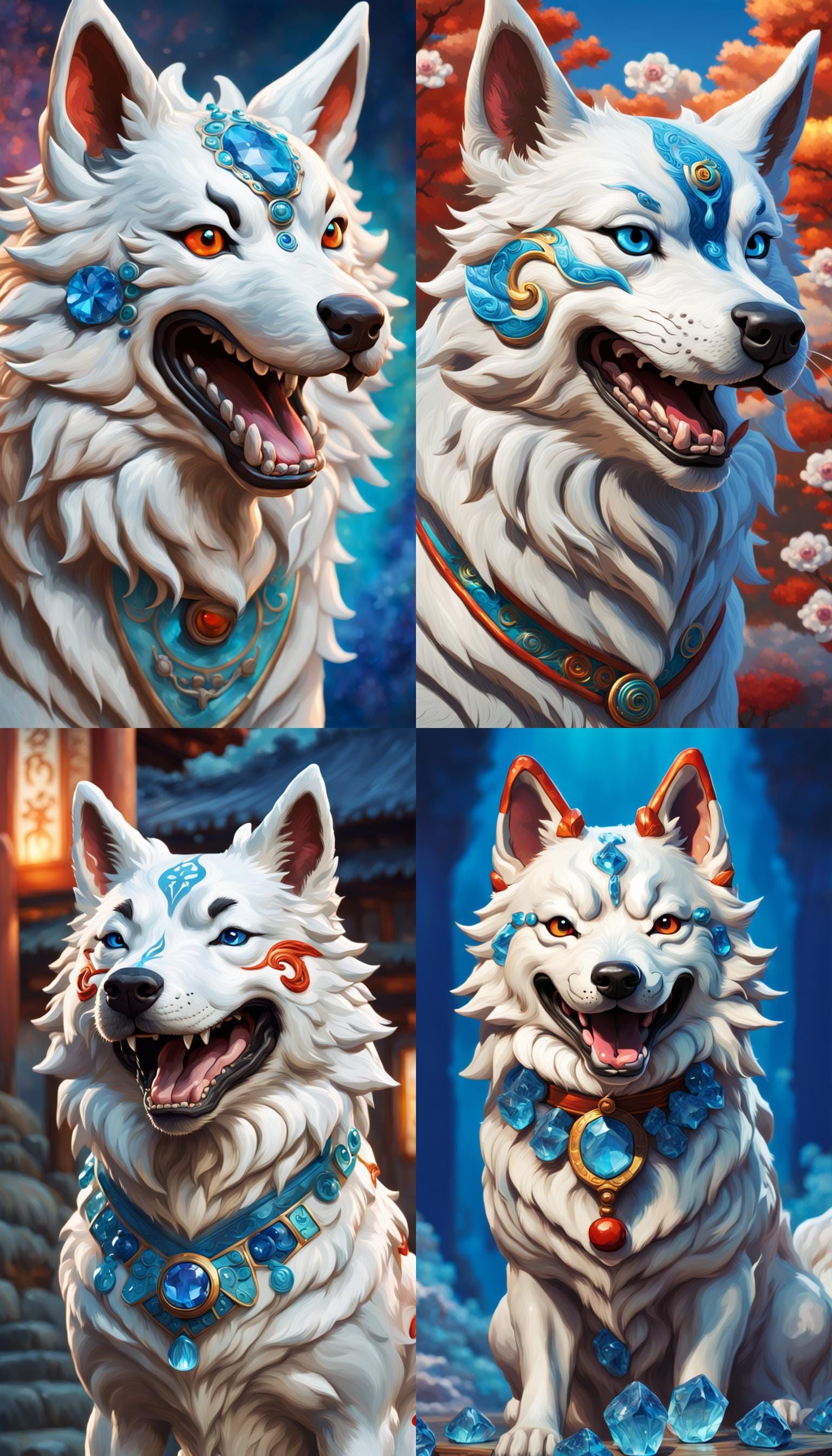 Luxury Okami Dog with Blue Crystals in Splash Art