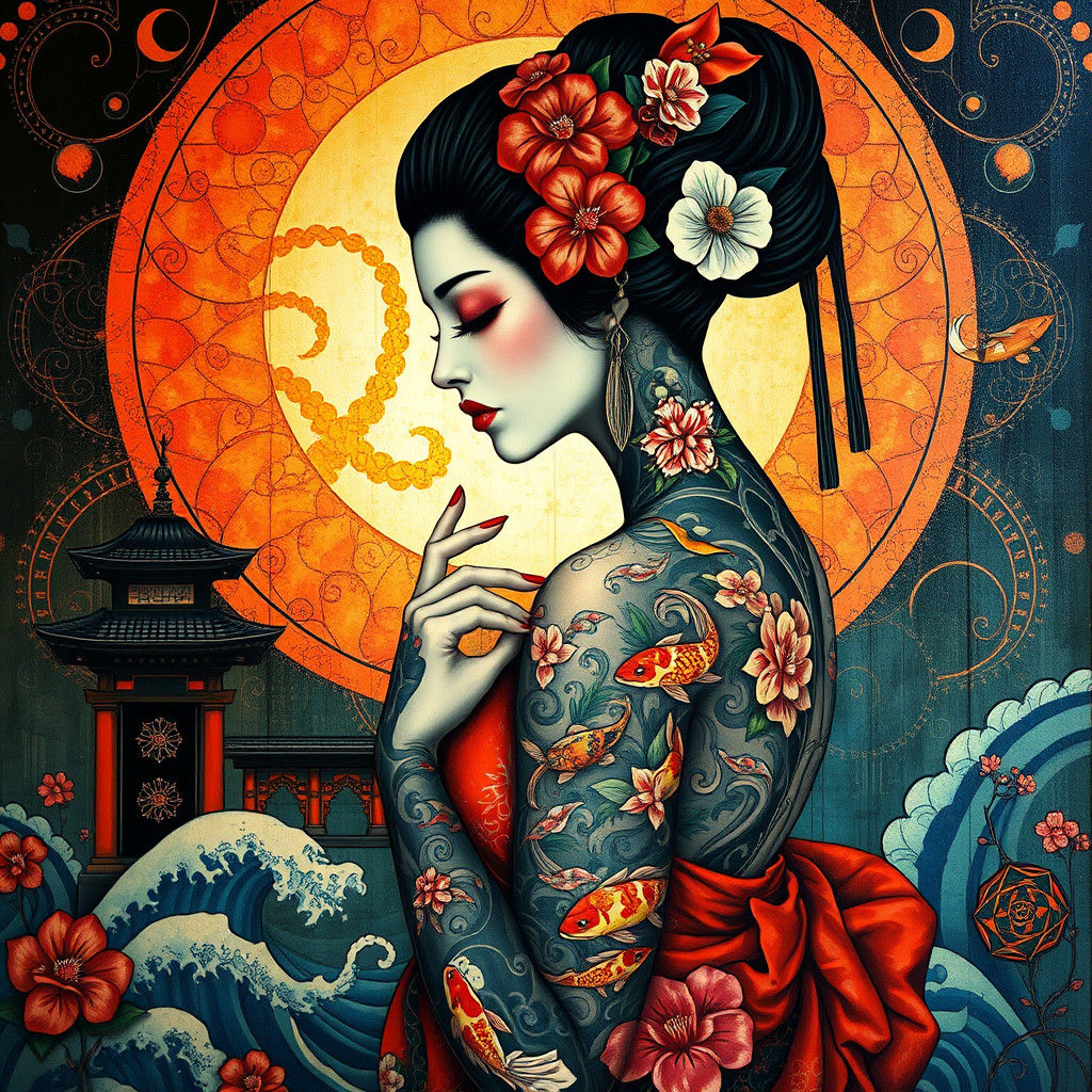 Tattooed Geisha in Art Deco Temple