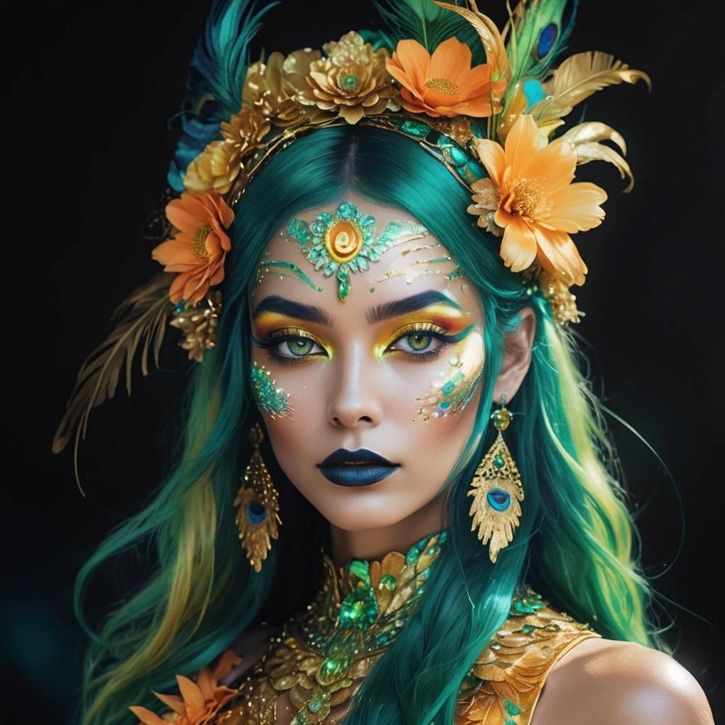 Cosmic Woman with Gold Skin and Peacock Feathers