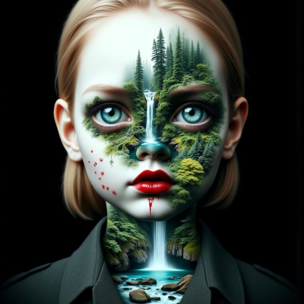 Surreal Doll Face with Ancient Forest Double Exposure