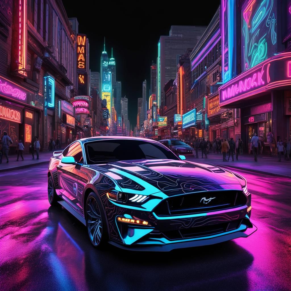 Futuristic Neon Mustang GT in Cyberpunk Style